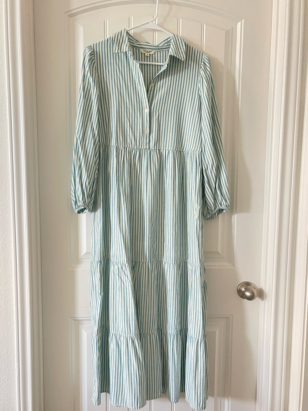 Max Studio Green Striped Tiered Shirt Dress